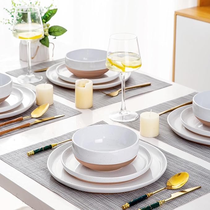 AmorArc Ceramic Dinnerware Sets with Pasta Bowls for 4, Handpainted Plates and Bowls Set with Rustic Terracotta Underside, Scratch Resistant Dishes Set, Dishwasher & Microwave Safe, 16 Pcs