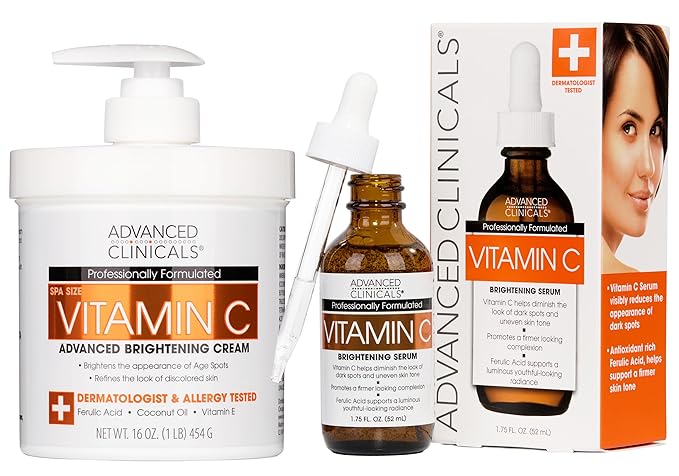 Advanced Clinicals Vitamin C Cream + Vitamin C Serum 2PC Skincare Set | Brightening Body Lotion & Facial Serum For Women & Men Helps Diminish Appearance Of Dark Spots, Wrinkles, & Uneven Skin Tone-BrightBean Baby