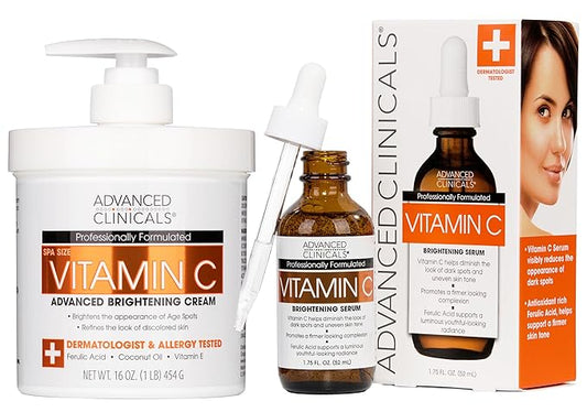 Advanced Clinicals Vitamin C Cream + Vitamin C Serum 2PC Skincare Set | Brightening Body Lotion & Facial Serum For Women & Men Helps Diminish Appearance Of Dark Spots, Wrinkles, & Uneven Skin Tone-BrightBean Baby