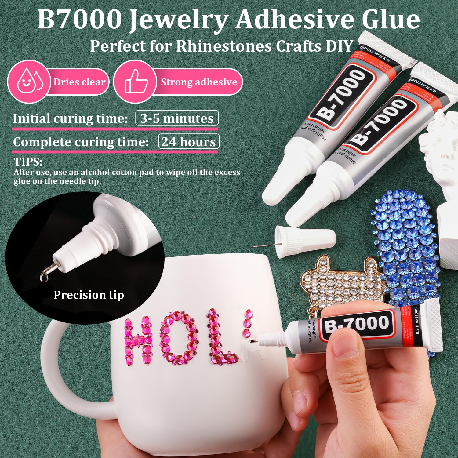Resin Rhinestones for Crafting with B7000 Jewelry Glue, 2 Boxes Hot Pink Flatback Crystals with 3Pcs 10ml Glue for Bedazzling Crafts DIY Nail Art Makeup，Non Hotfix Gems for Clothing Shoes-BrightBean Baby