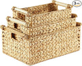 Greenatural Water Hyacinth Storage Baskets Set of 3, Handwoven Rectangular Organizer with Wooden Handles, 3 Different Sizes, Nested Wicker Bins for Shelf, Bathroom, Kitchen, Office, Natural Home Decor