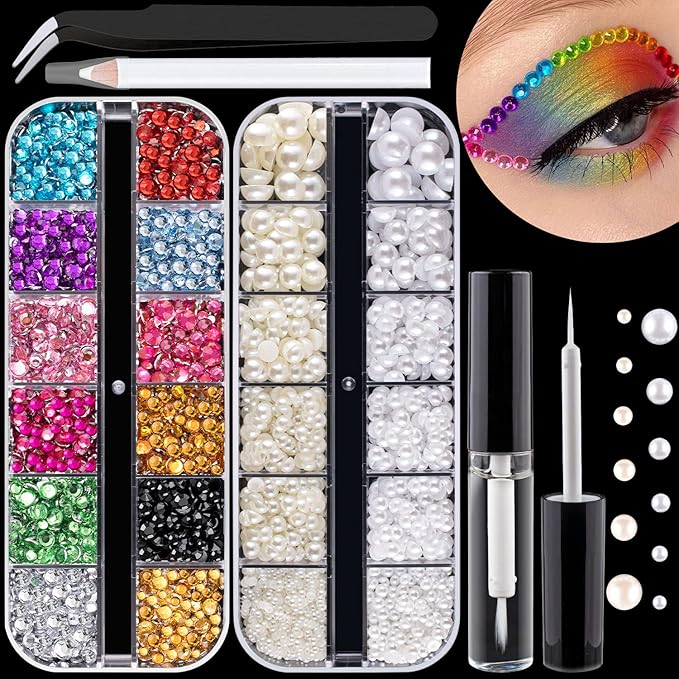 Flat Back Rhinestone+Half Round Pearl Kits Colorful Rhinestones+White&Beige Pearls With Quick Dry Makeup Glue+Picker Pencil+Tweezer For Nail Art And Face Make-up-BrightBean Baby