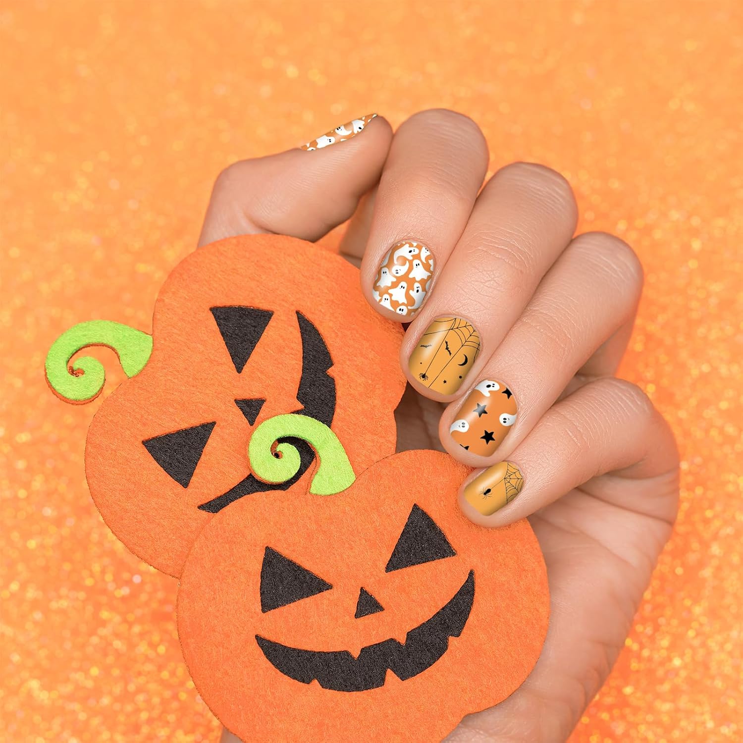 12 Sheets Halloween Nail Wraps Stickers, Nail Polish Strips DIY Self-Adhesive Full Glitter Nail Art Decals Pumpkin Bat Ghost Spider Skull Pattern with 2 Piece Nail Files for Party Decor (168 Pieces)-BrightBean Baby