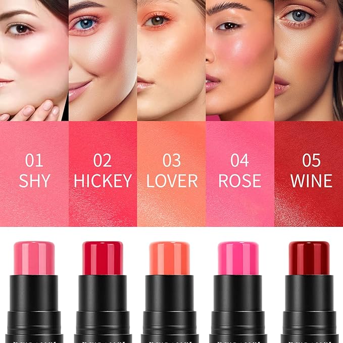 Matte Blush Stick with Built in Brush for Cheeks Summer,Ultra Pigmented Color Pop Makeup Dark Red Blush for Cheeks/Lip/Eyes,DE’LANCI Makeup Gifts for Women/Girl,Travel Size Cute Blush,Cruelty-Free #5-BrightBean Baby