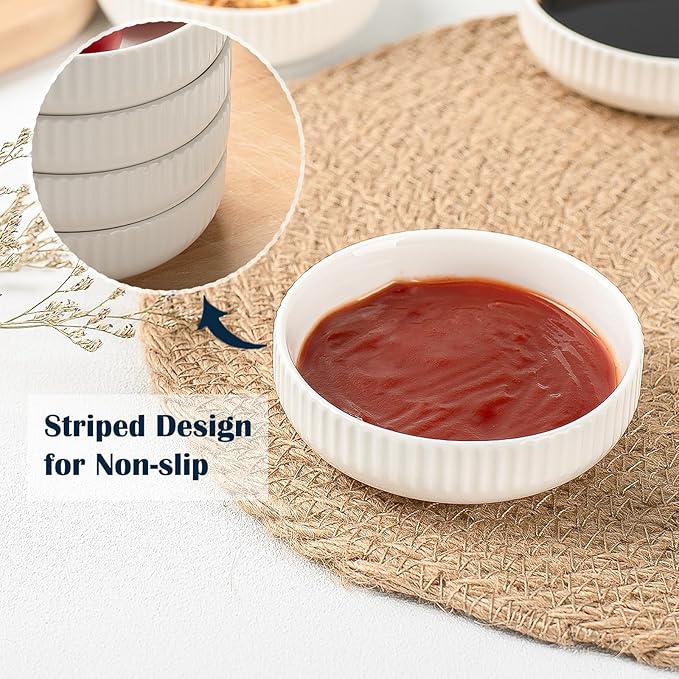 3 Oz 8 Pack Dipping Bowls Set - Ceramic Dipping Sauce, Soy Sauce Dish, Side Dish, Small Serving Bowls for Kitchen, BBQ, Condiments, Appetizer, Dessert, Sushi, Party - White Japanese design