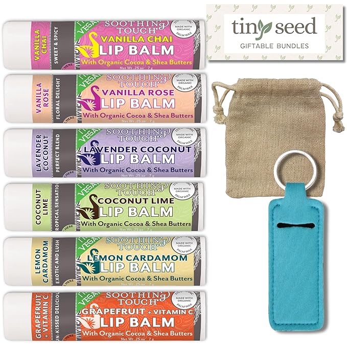 Vegan Lip Balm Set - Pack of 6 Soothing Touch Lip Balms. Plus Muslin Pouch and Lip Balm Holder Keychain (Blue): Lavender Coconut, Vanilla Chai, Vanilla Rose, Coconut Lime, Lemon Cardamom, Grapefruit-BrightBean Baby