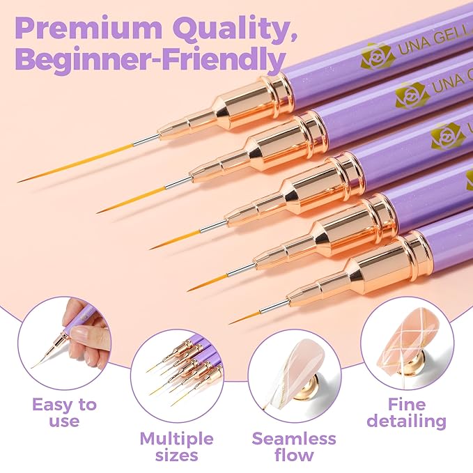 UNA GELLA Nail Art Pens Metallic, Liner Brushes Set For Nail Art Gel Polish, 5Pcs Purple Color, Detail Nail Art Design Painting Brush Set For Nails Gel Fine Drawing Nail Tools, Sizes 7/9/11/15/25mm-BrightBean Baby