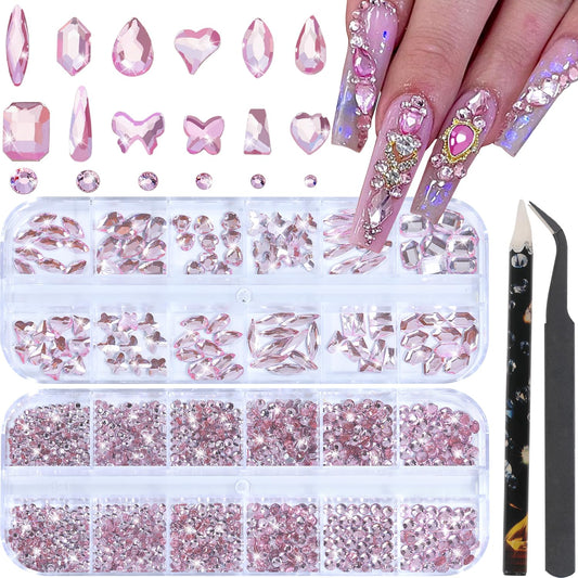 HNUIX Nail Rhinestones - 3D Multi Shape Size Crystal, Light Pink Nail Gems, Flat Back, with Kit, for Nail Art, DIY Decorations-BrightBean Baby