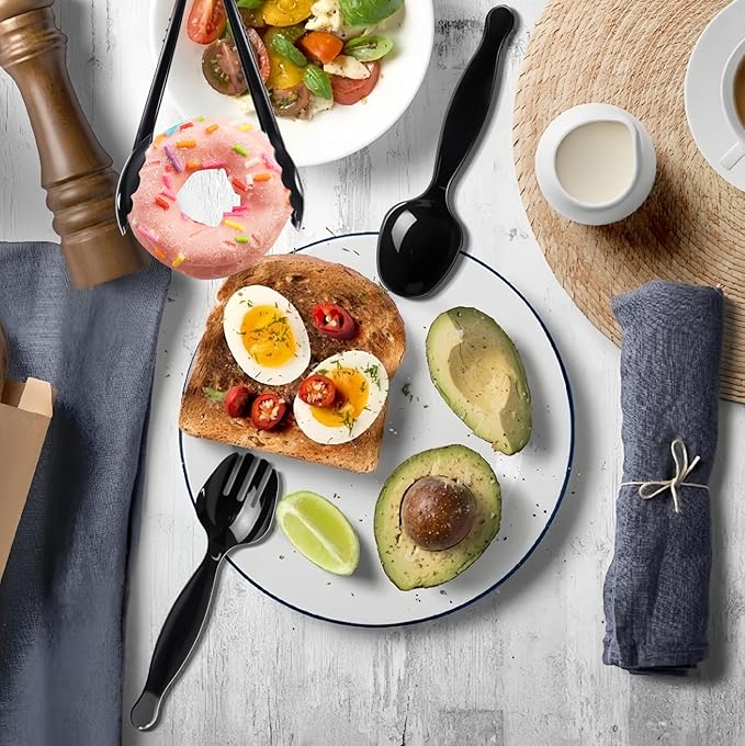 60 Pcs Disposable Black Plastic Serving Utensils,20 Set Including 9" Plastic Serving Spoons, Forks and Tongs for Dinner Parties, Buffets,Banquets, Events, Weddings, and Daily Use