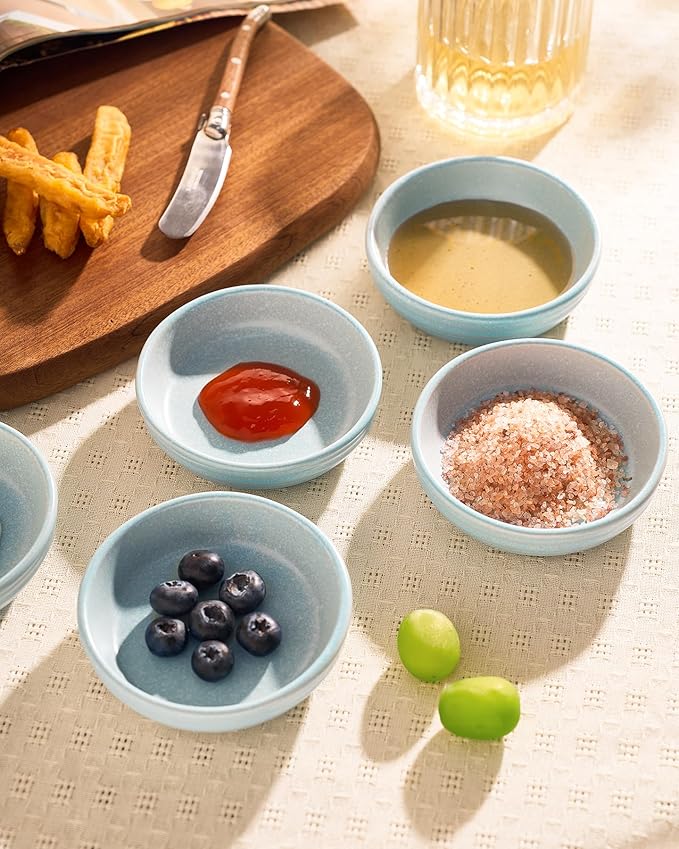 famiware Pluto Soy Sauce Dishes of 6, 3 oz Dipping Sauce Cups/Bowls/Dishes for Kitchen, Ceramic Small Bowls for Side Dish, Appetizers, Snacks, and Sushi, Reactive Glaze, Light Blue