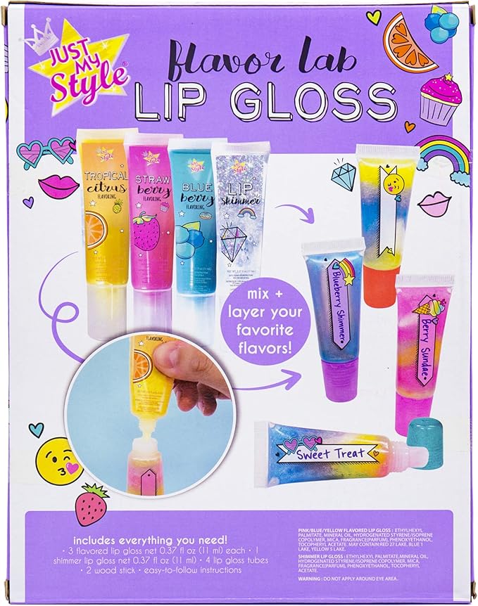 Just My Style Flavor Lab Lip Gloss by Horizon Group USA, DIY 4 Custom Lip Glosses By Mixing Colorful Flavors & Lip Shimmer. Flavors, Shimmer, Lip Gloss Tubes Mixing Stick & Instructions Included-BrightBean Baby
