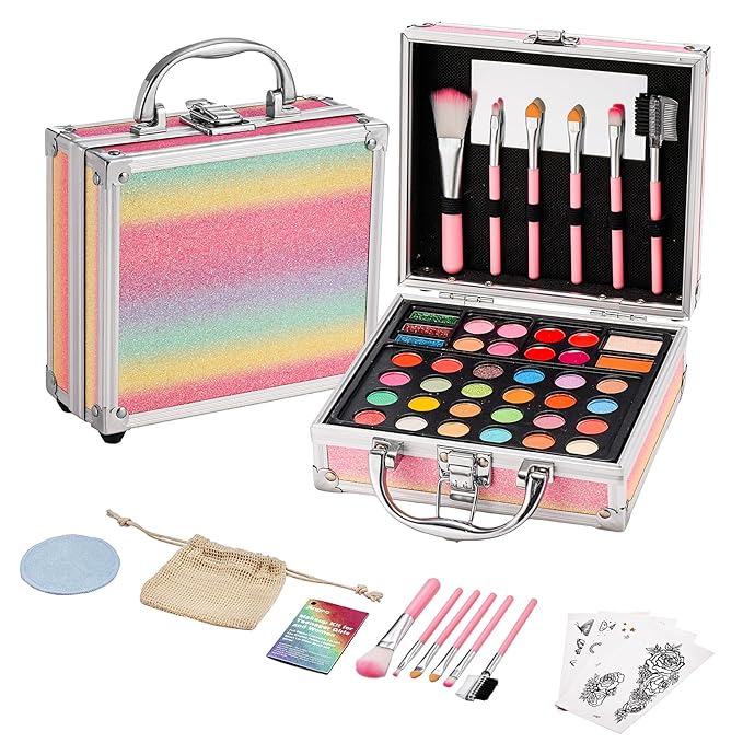 Anpro All-In-One Makeup Carry Case with Pro Teen Makeup Set, Full Starter Cosmetics Kit with Makeup Brushes, Eye Shadows Palette, Blushes, Glitter Gel, Temporary Tattoo Stickers - Colorful-BrightBean Baby