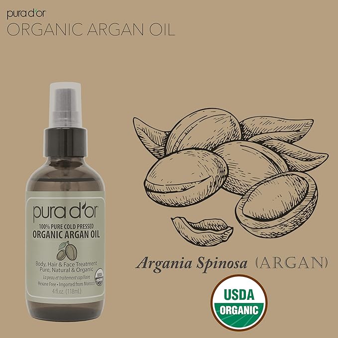 PURA D'OR 4 Oz ORGANIC Moroccan Argan Oil - USDA Certified 100% Pure & Cold Pressed Virgin Premium Grade Natural Moisturizer Treatment For Dry, Damaged Skin, Hair, Face, Body & Scalp - Men & Women-BrightBean Baby