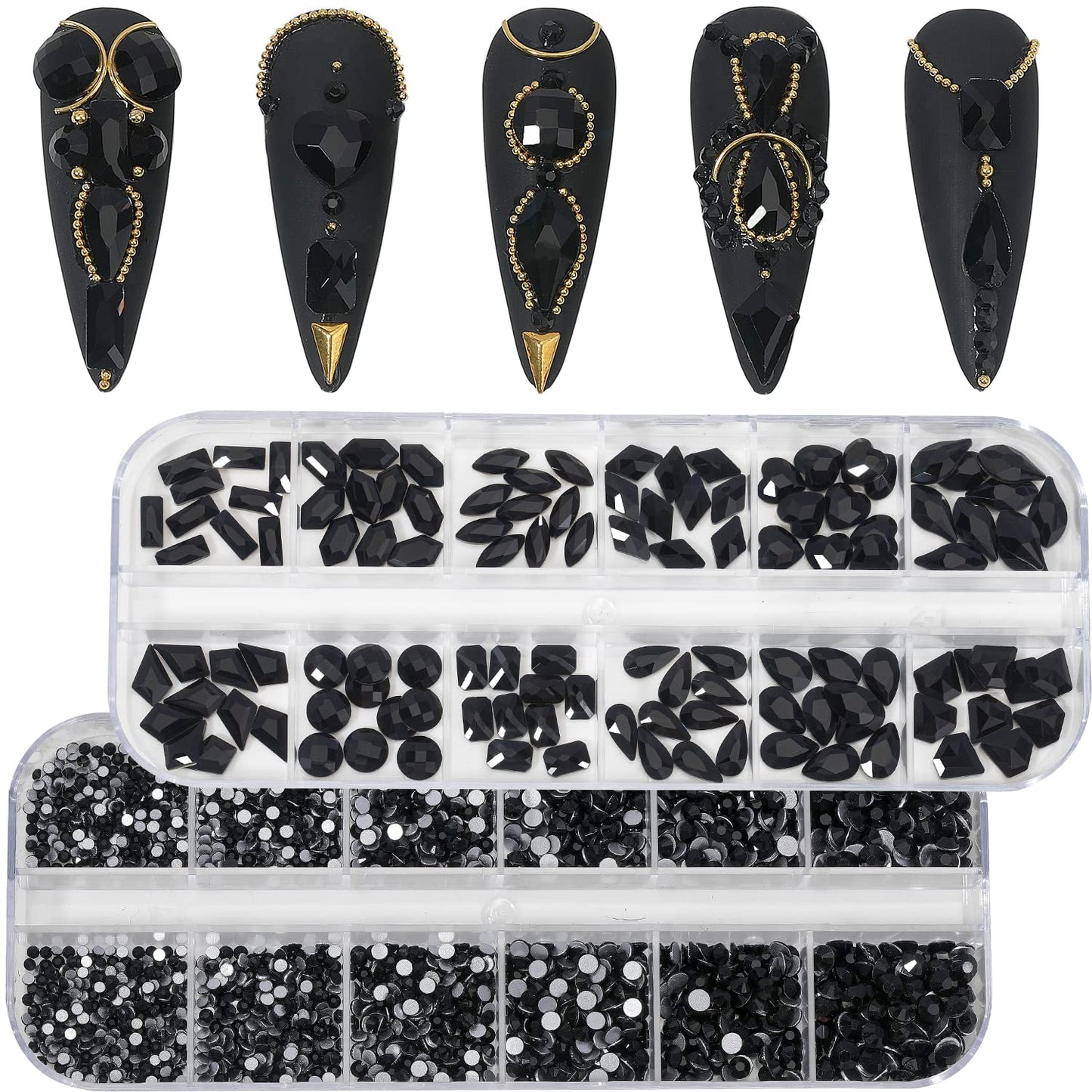HNUIX Nail Rhinestones - 3D Multi Shape Size Crystal, Black Nail Gems, Flat Back, with Kit, for Nail Art, DIY Decorations-BrightBean Baby