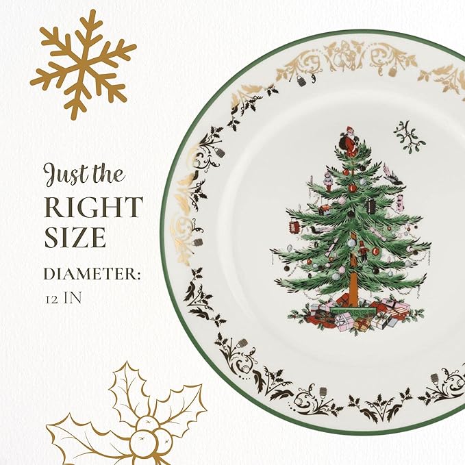 Spode Christmas Tree 12" Gold Round Serving Platter - Porcelain Serving Plate for Holiday Snacks, Appetizers, Buffet Displays - Microwave & Dishwasher Safe - Elegant Holiday Tableware