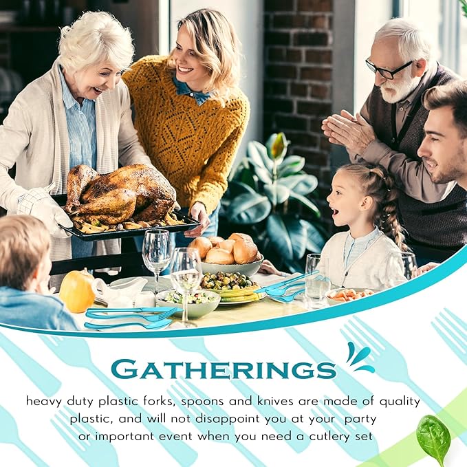 Minatee 150 Pieces Disposable Cutlery Set Plastic Silverware Heavy Duty Utensil Sets 50 Forks 50 Knives 50 Spoons for Home Office School Party Picnics Restaurant Outdoor Events(Peacock Blue)