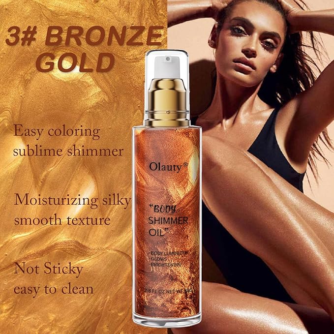 Shimmer Body Oil, Highlighter Makeup Smooth Glitter Glow Liquid Foundation for Face & Body,Liquid Illuminator Body Shimmer Lotion for Women (3# Bronze Gold)-BrightBean Baby