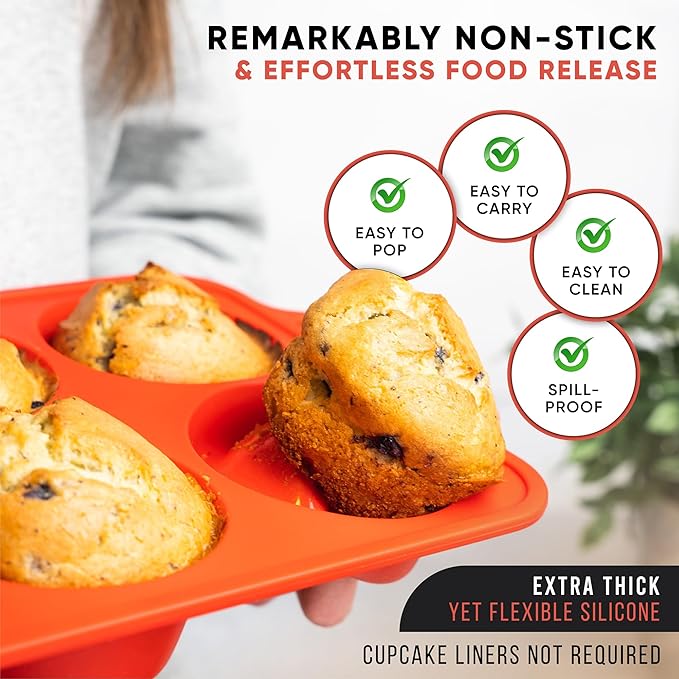 [2 PACK] Jumbo Muffin Pan, 3.5" Large Muffin Pan 6 Cup - Silicone Jumbo Muffin Tin for Baking BPA Free Non Stick - RED