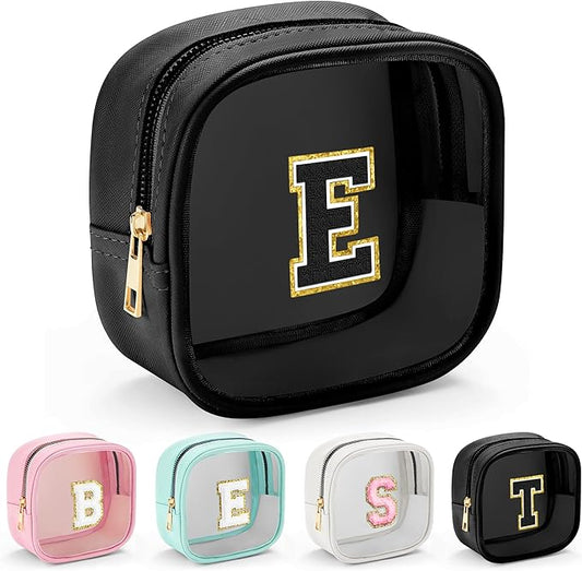 YOOLIFE Initial Makeup Bag Travel Toiletry Bag, Clear Makeup Bag Car Accessories For Women Clear Makeup Bags With Zipper Girlfriend Teacher 13 Year Old Girl Gifts Daughter Girl Gifts Mini Black E-BrightBean Baby