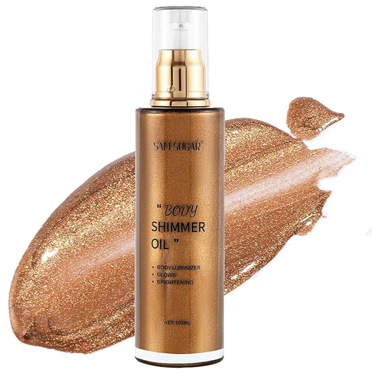 Shimmer Body Oil, Long Lasting Moisturizing Body Glow Glitter for Women Face Luminizer Highlighter Makeup 100ml Shimmer Oil for Glowing Skin Lotion (Dark Brown Gold)-BrightBean Baby