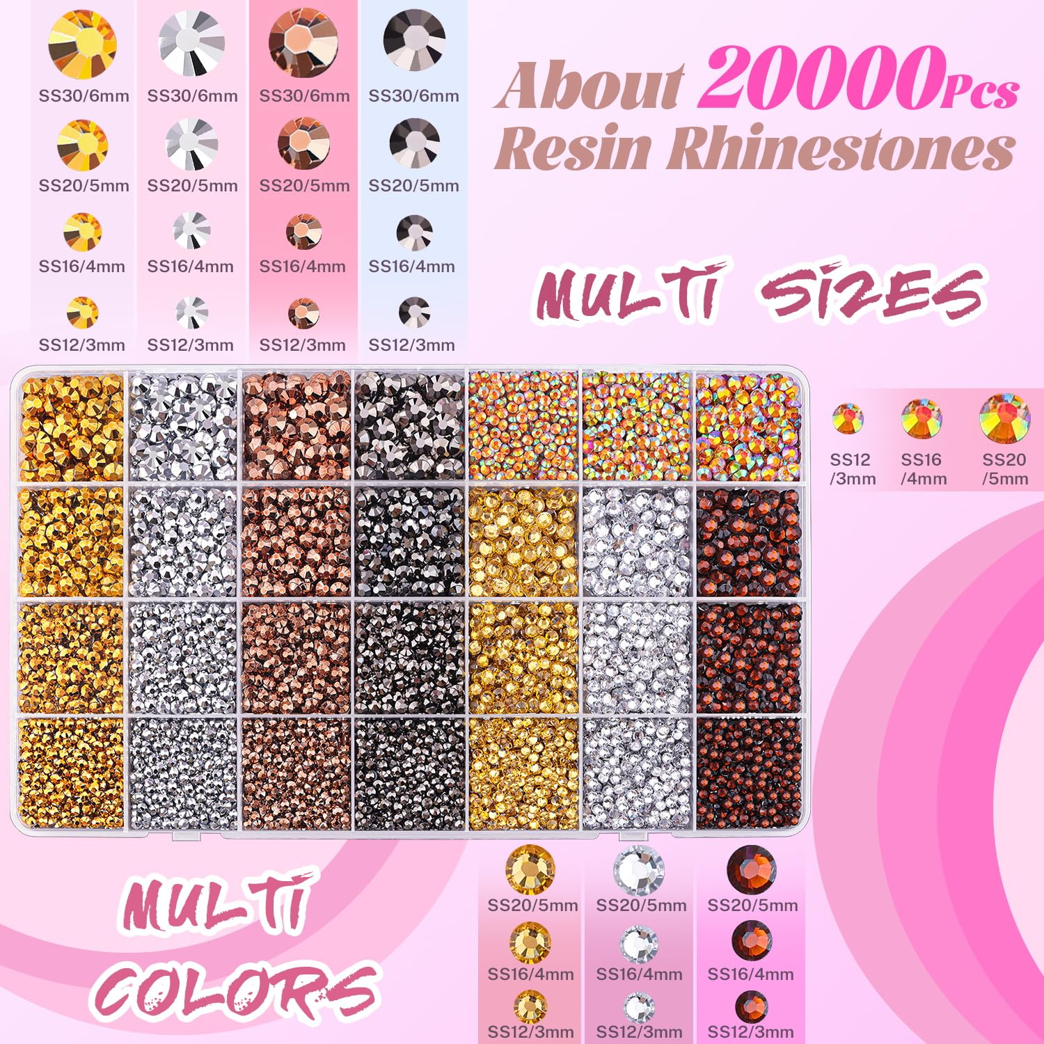 20000Pcs Metallic Rhinestones for Bedazzling with 1Pcs B7000 Jewelry Glue, Resin Rhinestones for Crafting Crafts DIY, Bedazzler Kit Gems for Clothing Shoes Tumblers Nail Art Assorted Size 3/4/5/6mm-BrightBean Baby