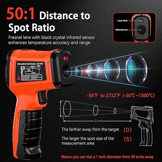-58°F to 2732°F Infrared Thermometer IR Laser Gun 50:1, Digital Temperature Gun/K-Type Probe -4°F~932°F, Humidity Sensor, High-Temp Pyrometer for Kiln, Forge, Furnace, Industrial Use