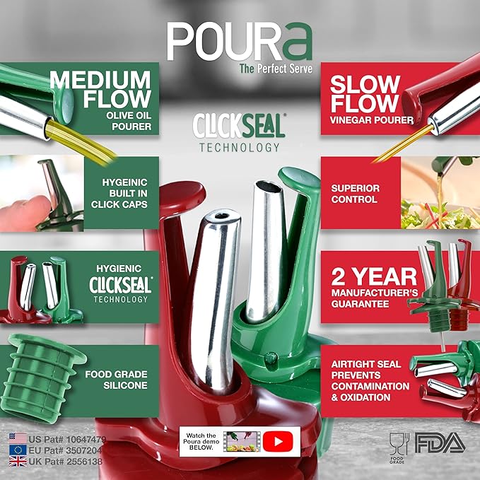 Poura Oil and Vinegar Dispenser Spouts | Airtight ClickSeal BPA Free Bottle Pourers Keeps Oil Fresh with Built-in Caps | Use Your Own Bottles as Vinegar Dispensers | Dishwasher Safe