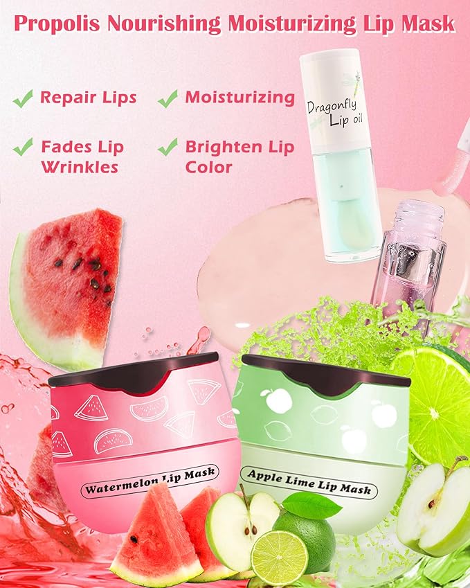 2Pcs Watermelon Lip Balm Honey Pot Lip Mask & Lip Glowy Oil Lip Care Set, Propolis Moisturizing & Nourish Hydrating Lip Gloss Repair, Reduce Lip Line & Plump Dry Cracked Lip Scrub Exfoliator -Set C-BrightBean Baby