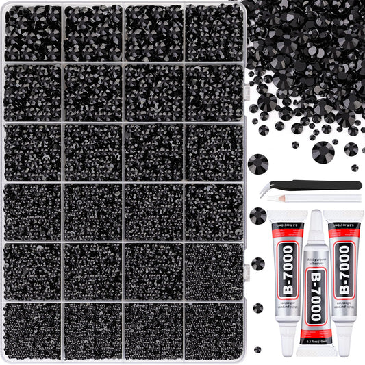 30000Pcs Black Rhinestones for Bedazzling Crafting, Flatback Resin Gems Crystal, Bedazzler Kit with 3Pcs 10ml B7000 Jewelry Glue and Tweezers for DIY Crafts Clothing Shoes Fabric Nail Art-BrightBean Baby