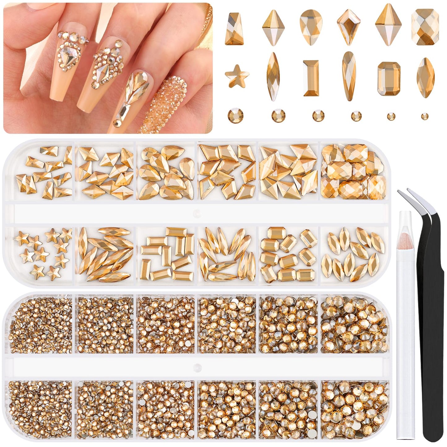 3220Pcs Gold Nail Rhinestones, 1.5-4mm Mini Flatback Crystal & 3D Multi Shapes Gems, Champagne Gold Charms Diamond Gemstones for Nails Decoration-BrightBean Baby