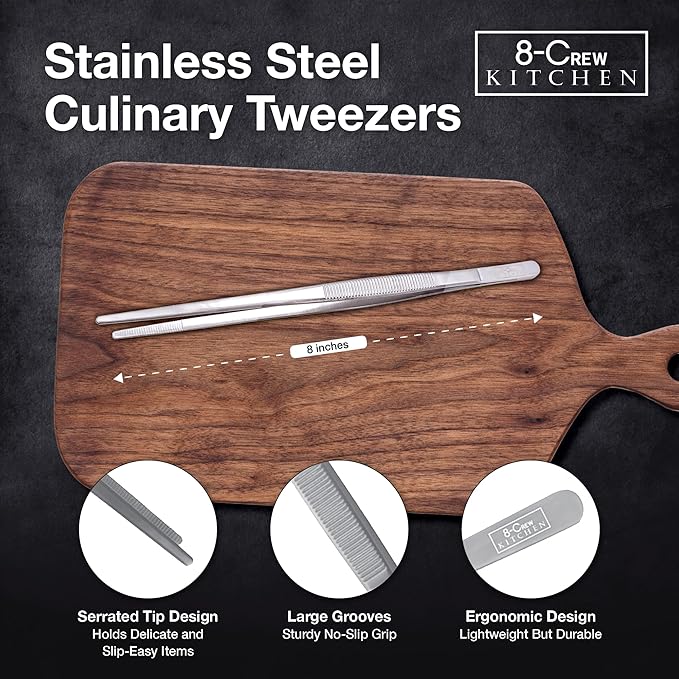 8-CREW KITCHEN Culinary Stainless Steel Tweezers, 8-inch Straight Tip Chef Precision Tongs for Plating, Decorating, Food Design, Bar and Multi-Purpose