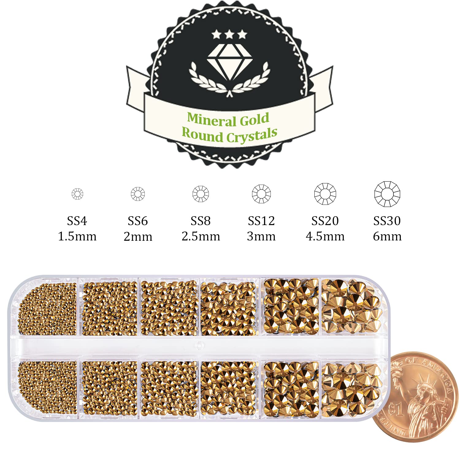 One Pack 2000 Pcs of Flatback Round Mineral Gold Rhinestones 6 Sizes (1.5-6 mm) with Nail Art Rhinestone Picker Pencil and Tweezers for DIY and Salon Use-BrightBean Baby