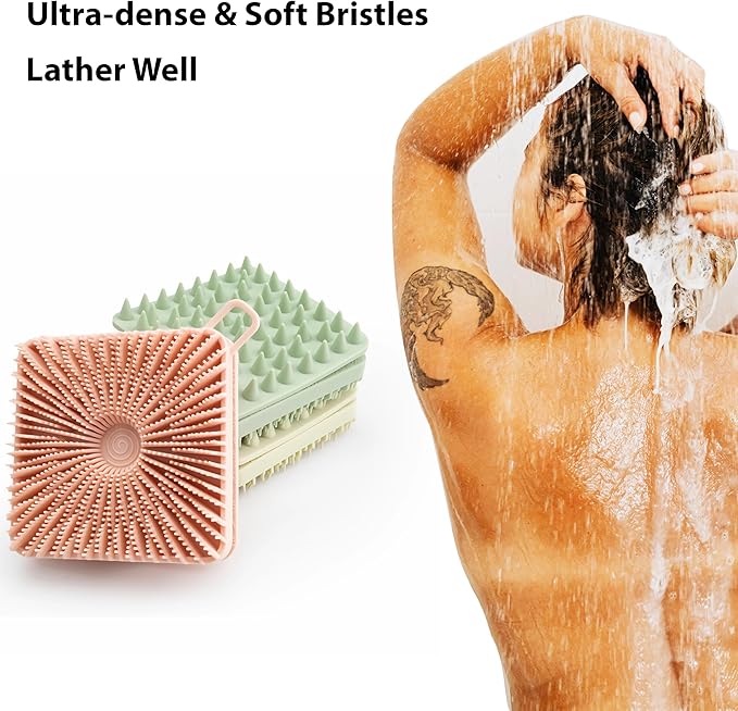 2 PC Silicone Exfoliating Body Scrubber, Silicone Body Shampoo Brush, Soft Silicone Loofah for Sensitive Skin, Shower Silicone Hair Scalp Massager, Easy to Clean, Lather Well(Gray&Pink)-BrightBean Baby