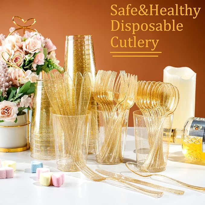 Supernal 300pcs Gold Glitter Plastic Cutlery Disposable Utensils Gold Plastic Silverware Sets Include 100 Forks, 100 Spoons & 100 Knives Serves for 100 Guests Suitable for Party,Thanksgiving