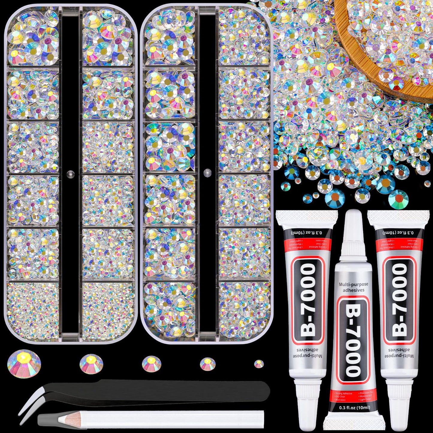 Resin Jelly Rhinestones for Crafting with B7000 Jewelry Glue, 2 Boxes Transparent AB Flatback Crystals with 3Pcs 10ml Glue, Bedazzling Non Hotfix Gems for DIY Tumblers Clothing Shoes Manicure-BrightBean Baby