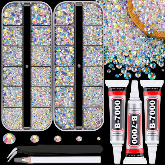 Resin Jelly Rhinestones for Crafting with B7000 Jewelry Glue, 2 Boxes Transparent AB Flatback Crystals with 3Pcs 10ml Glue, Bedazzling Non Hotfix Gems for DIY Tumblers Clothing Shoes Manicure-BrightBean Baby