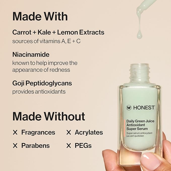 Honest Beauty Daily Green Juice Antioxidant Super Serum | Improves Skin Tone + Texture | Gentle for Sensitive Skin, Fragrance Free, Vegan | 1 fl oz-BrightBean Baby