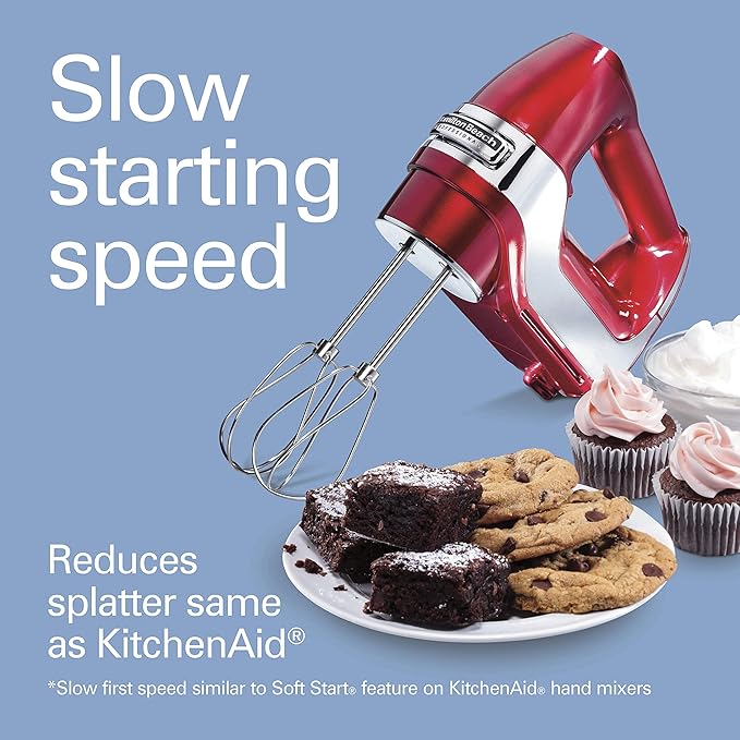 Hamilton Beach Professional 5-Speed Electric Hand Mixer with High-Performance DC Motor, Slow Start, Snap-On Storage Case, Stainless Steel Beaters, Dough Hooks & Whisk, Red and Chrome (62653)
