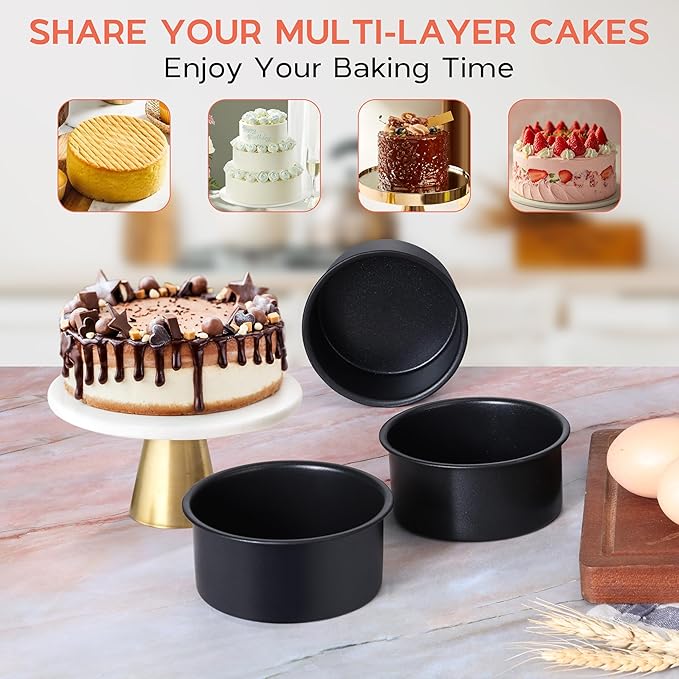 Onader Small Mini Round Cake Pan, 4 Inch Smash Cake Bake Pans Sets of 3 for Baking, Stainless Steel Baking Tins for Birthday Wedding, Nonstick