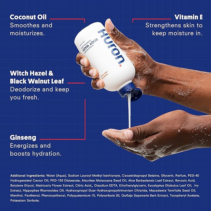 Huron Men’s Moisturizing Body Wash – Crisp & Invigorating Scent of Citrus, Eucalyptus, Mint, & Aromatic Greens - Made With Coconut Oil, Vitamin E & Witch Hazel – Vegan, Cruelty-Free - 12.2 fl oz-BrightBean Baby