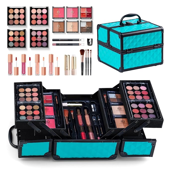 Color Nymph All In One Makeup Kit Comestics Gifts for Girls Teens, Travel Makeup Set 4 Trays Train Case for Beginner Includes Eyeshadow Highlighter Lipgloss Blush Concealer Brush Eyeliner Lipbalm-BrightBean Baby