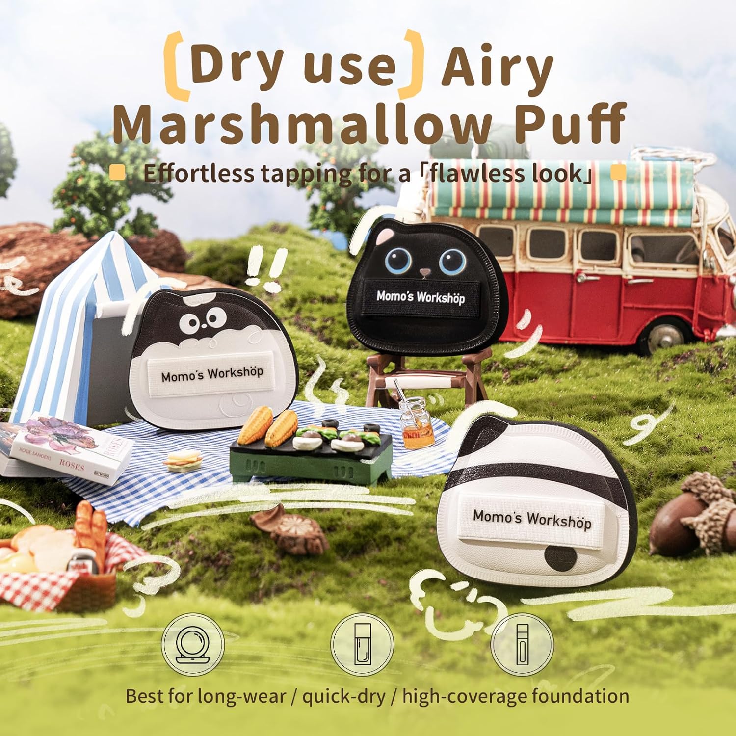 Black Cat Toto Airy Marshmallow Puff,Makeup Sponge,Rubycell Material,Pointed Tip for Concealer + Flat Side for Foundation, Longwear Makeup, Travel Friendly & Reusable,2pcs Puffs & Storage Case-BrightBean Baby