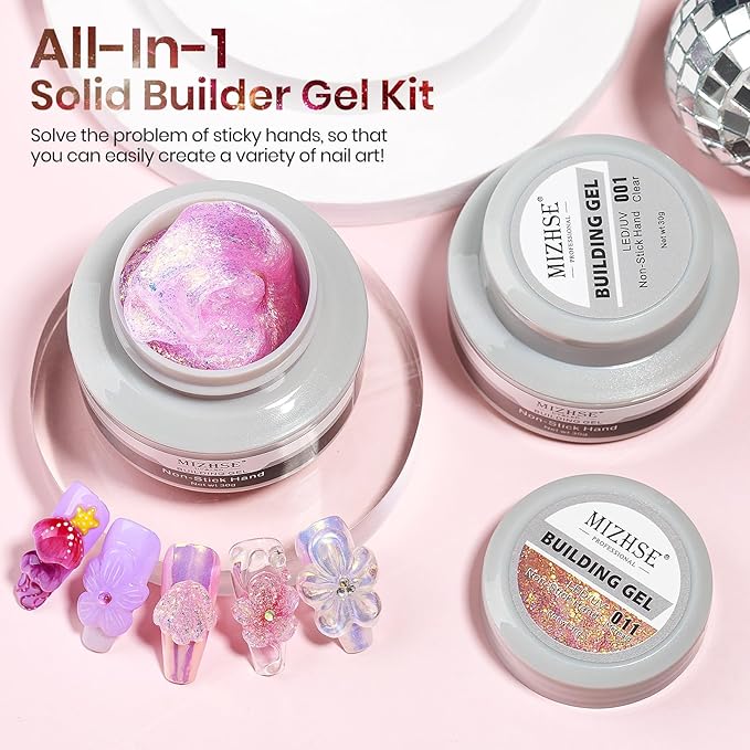 MIZHSE 2PCS Solid Builder Gel for Nails: 30g/1oz Clear & Pink Glitter Hard Gels for Nails 3D Gel with Dual Forms 3D Silicone Mold Soak off U V Builder Gels for Nail Art Manicure Home DIY-BrightBean Baby