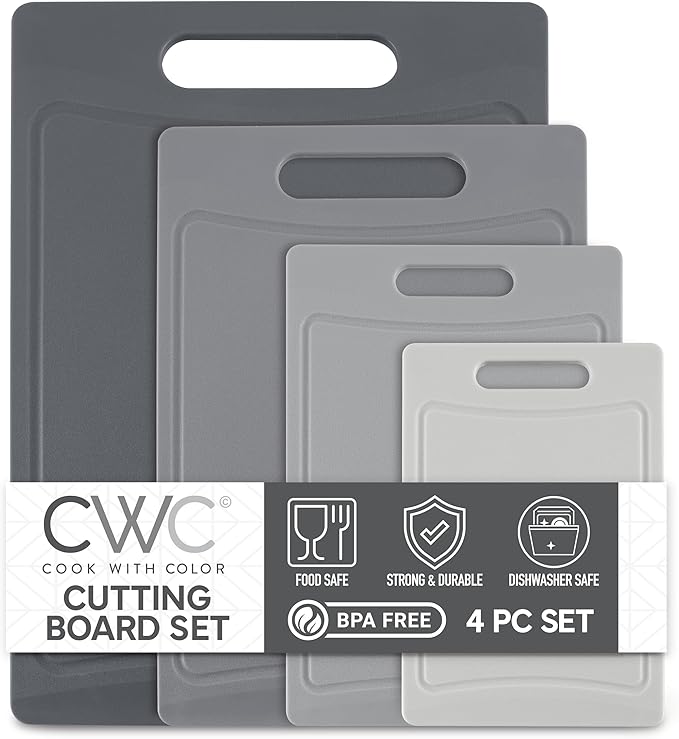 COOK WITH COLOR Non-Slip Cutting Board Set – Kitchen Essentials with Easy Grip Handle for Meat, Veggies, and Fruits, 4 Cutting Boards, Gray-New
