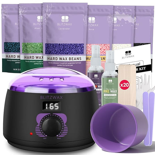BLITZWAX Brazilian and Bikini Waxing Kit for Women, Hard Wax Warmer for Face, Legs and Body, At Home Hair Removal Kit, Beginner Friendly, Fast Heating, 51 Accessories, 6 Types Wax Bean Formula-BrightBean Baby