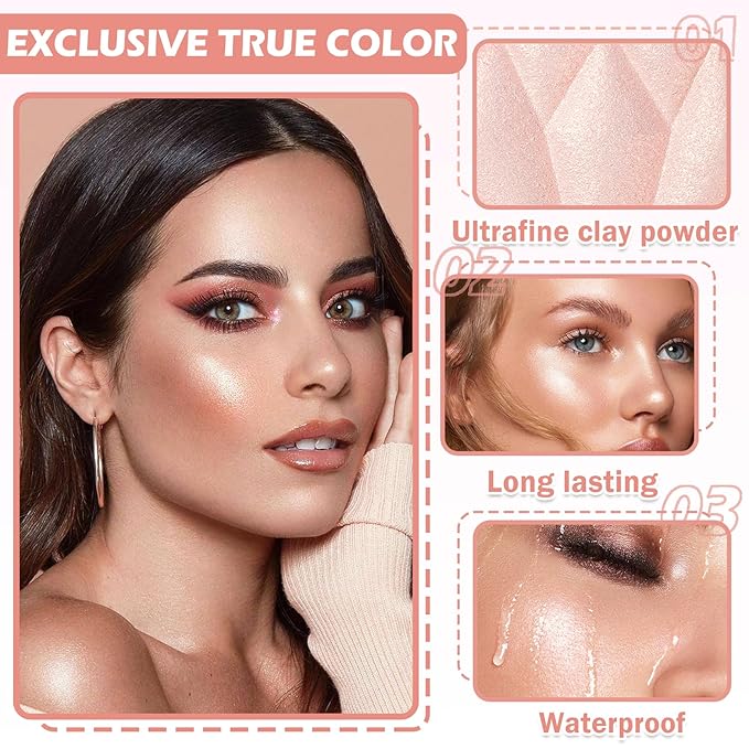 2PCS Fairy Pink Highlighter Makeup Palette Face Powder Highlighters Iluminadores De Maquillaje Shimmer Glitter Diamond Highlighter Blush Powder Makeup Palette-BrightBean Baby