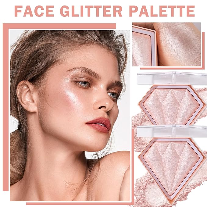 2PCS Fairy Pink Highlighter Makeup Palette Face Powder Highlighters Iluminadores De Maquillaje Shimmer Glitter Diamond Highlighter Blush Powder Makeup Palette-BrightBean Baby