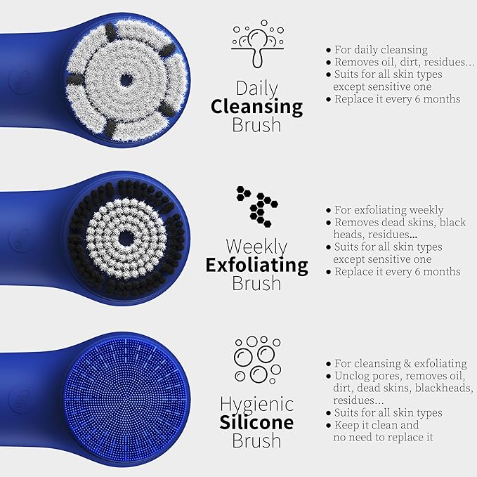 Premium Face Scrubber, Deep Pore Cleansing Brush, Waterproof & Rechargeable Face Scrub Brush for Men& Women, Electric Facial Exfoliator with 3 Brushes, 3 Intensities, 2 Modes with Eye Rollor - Azure-BrightBean Baby