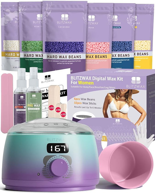 BLITZWAX Brazilian and Bikini Waxing Kit for Women, Hard Wax Warmer for Face, Legs, and Body, At Home Hair Removal Kit, Beginner Friendly, Quick Heating, 32pcs Wax Spatulas-BrightBean Baby