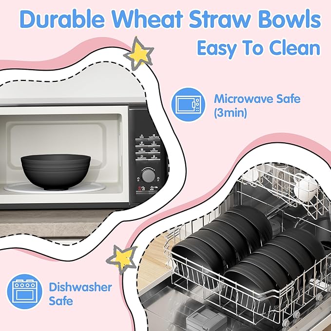 Quatish 10 PCS Unbreakable Cereal Bowls,Dishwasher & Microwave Safe Wheat Straw Bowls, Easy-to-Clean Lightweight Snack & Soup Bowl,Multi-Color Portable for Picnics Plastic Bowls Set, Black